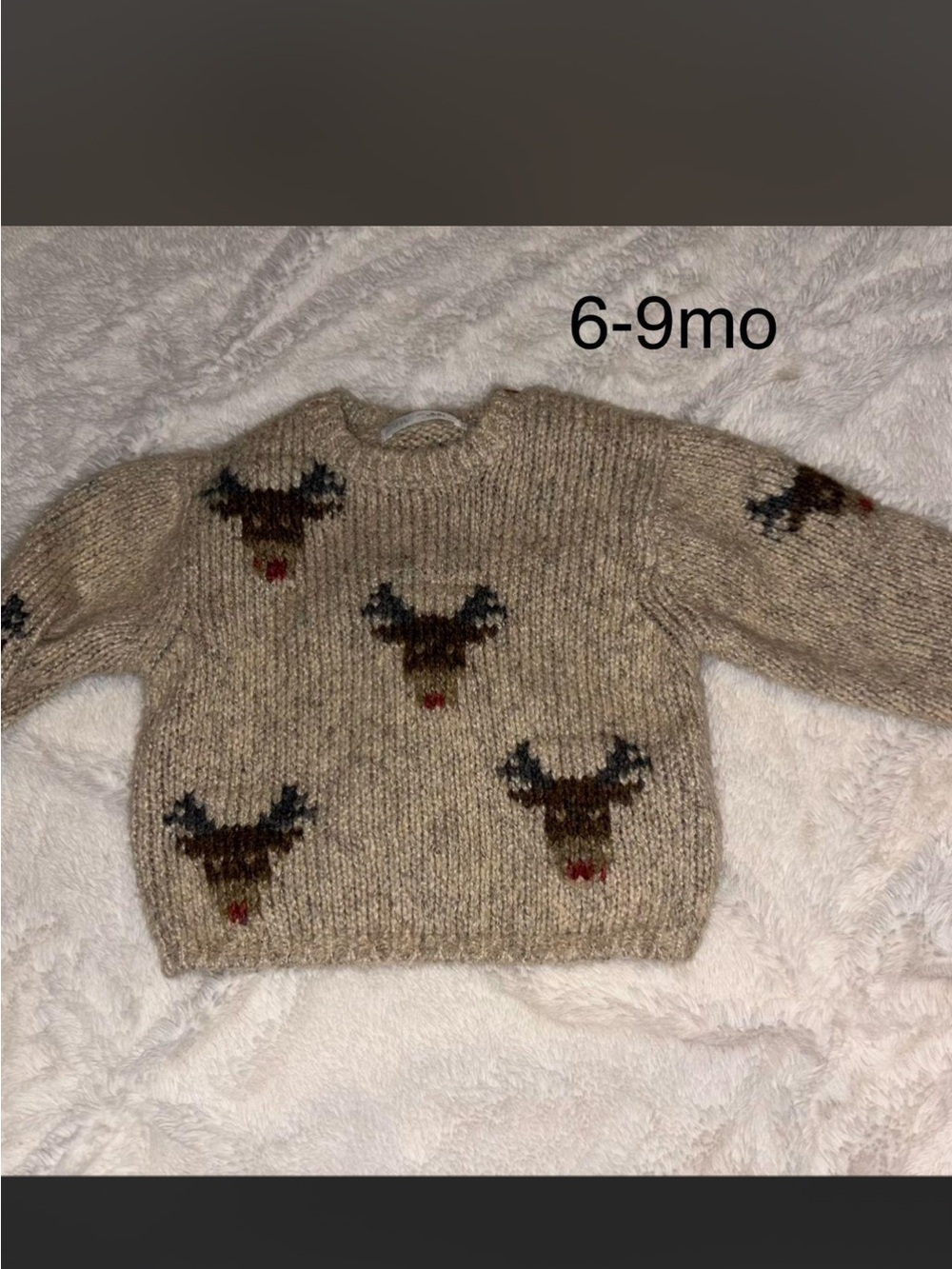 Cozy Beige Kids Reindeer Knit Sweater - 6-9 Months